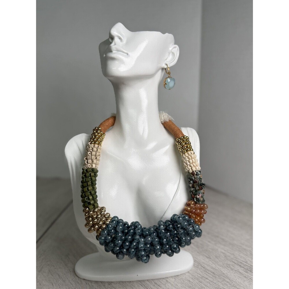 Chunky Colorful Beaded Statement Necklace Gold Tone Accents Multi Strand Boho